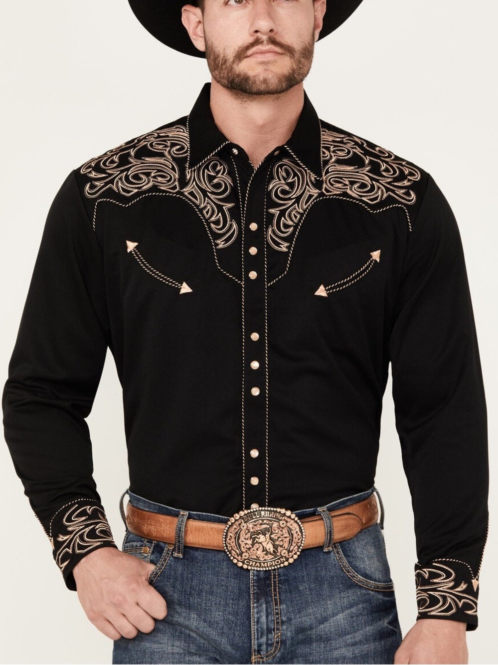 Scully Men’s Embroidered Scroll Black Long Sleeve Snap Western Shirt | Size L